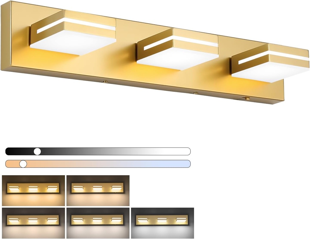SineRise LED Modern Bathroom Vanity Light Fixtures (3-Light, 24-Inch)(5CCT, Dimmable), Matte Gold Modern Acrylic Bathroom Wall Lighting Fixtures Over Mirror (3000K/3500K/4000K/5000K/6000K)