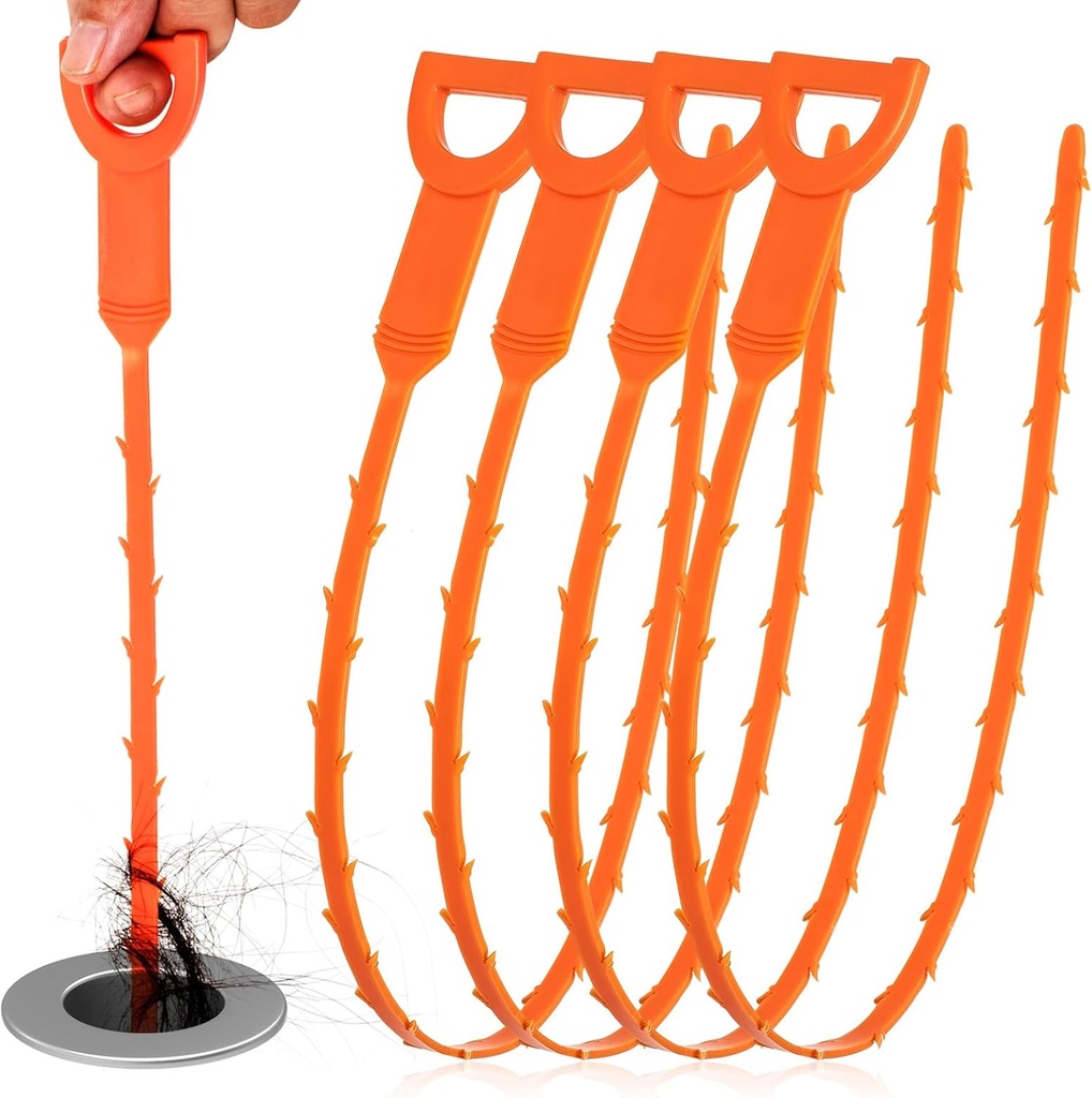 Drain Snake Clog Remover - 4 Pack 20 Inch Flexible Hair Drain Removal Tool for Sink, Shower, Tub & Toilet, Drain Cleaner with Grip Handle - Easy Use Kitchen & Bathroom Drain Opener