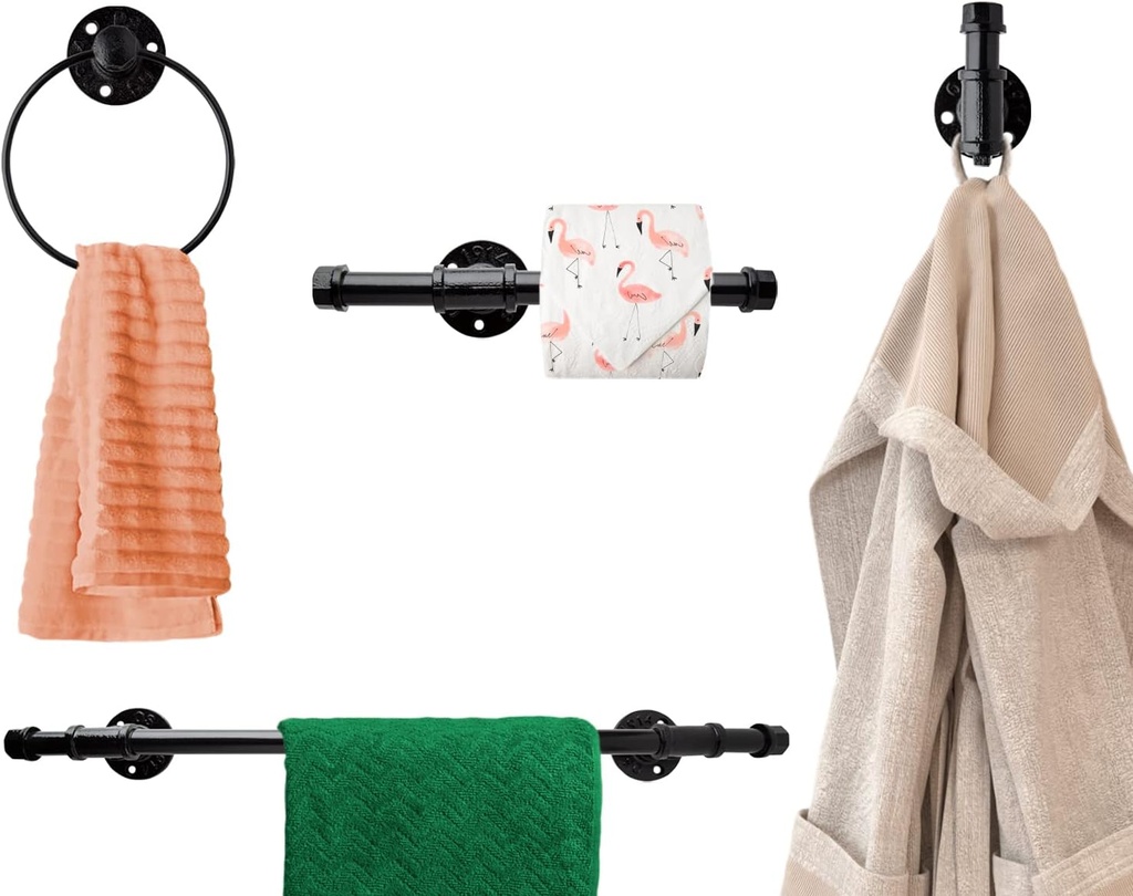 Industrial Pipe Decor Set for Bathroom – 4 Piece Bathroom Fixture Set: 1 Paper Holder, 1 Robe Hook, 1 Towel Ring & 1 Towel Bar in Matte Black – Farmhouse Bath Accessories/w Screws & Anchors - Square