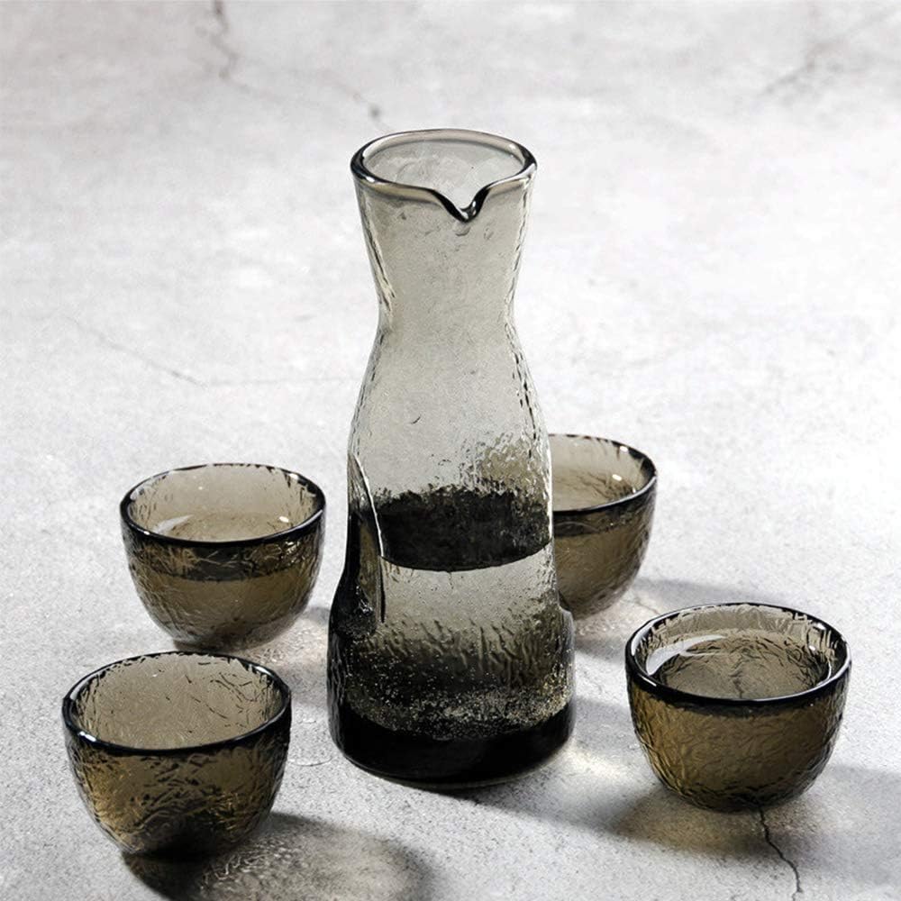 5-Piece Sake Set Japanese Style Glass Sake Set Unique Hammer Texture Design for Cold/Warm/Hot Sake/Shochu/Tea Best Gift for Family and Friends