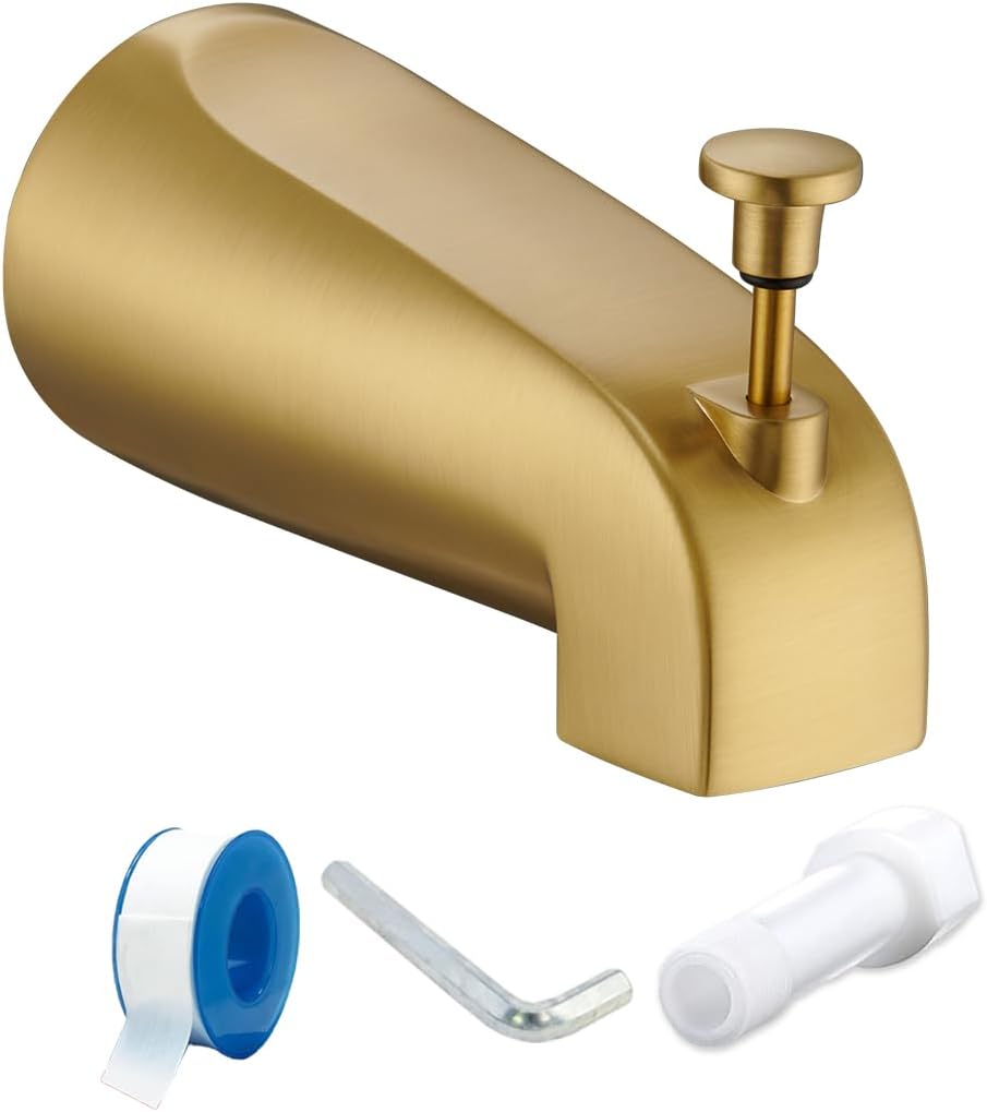 Tub Spout with Diverter, Slip On Bathtub Spout Fits 1/2'' Copper Tube(5/8'' Dia), Bathroom Tub Faucet with PTFE Tape & Hex Wrench, Brushed Gold