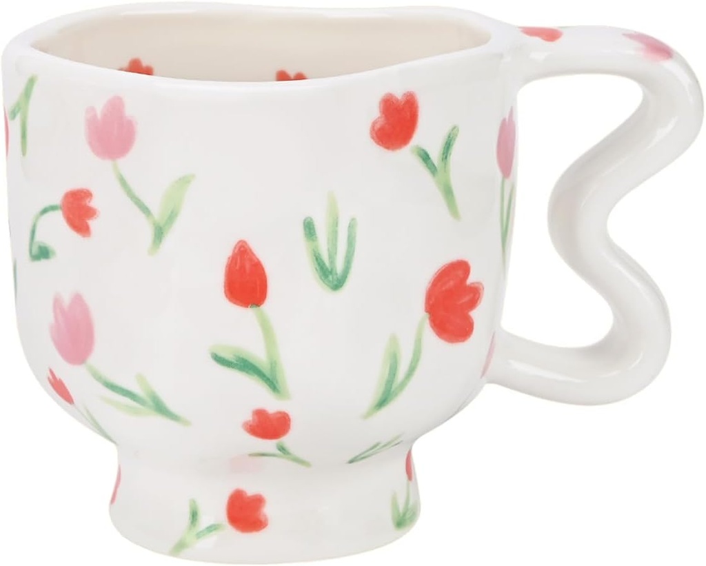 Koythin Ceramic Coffee Mug, Novetly Flower Latte Cup with Heart Shaped Handle for Office and Home, Cute Breakfast Cups 8.5 oz/250 ml for Latte Tea Milk (Red Tulip Flowers)