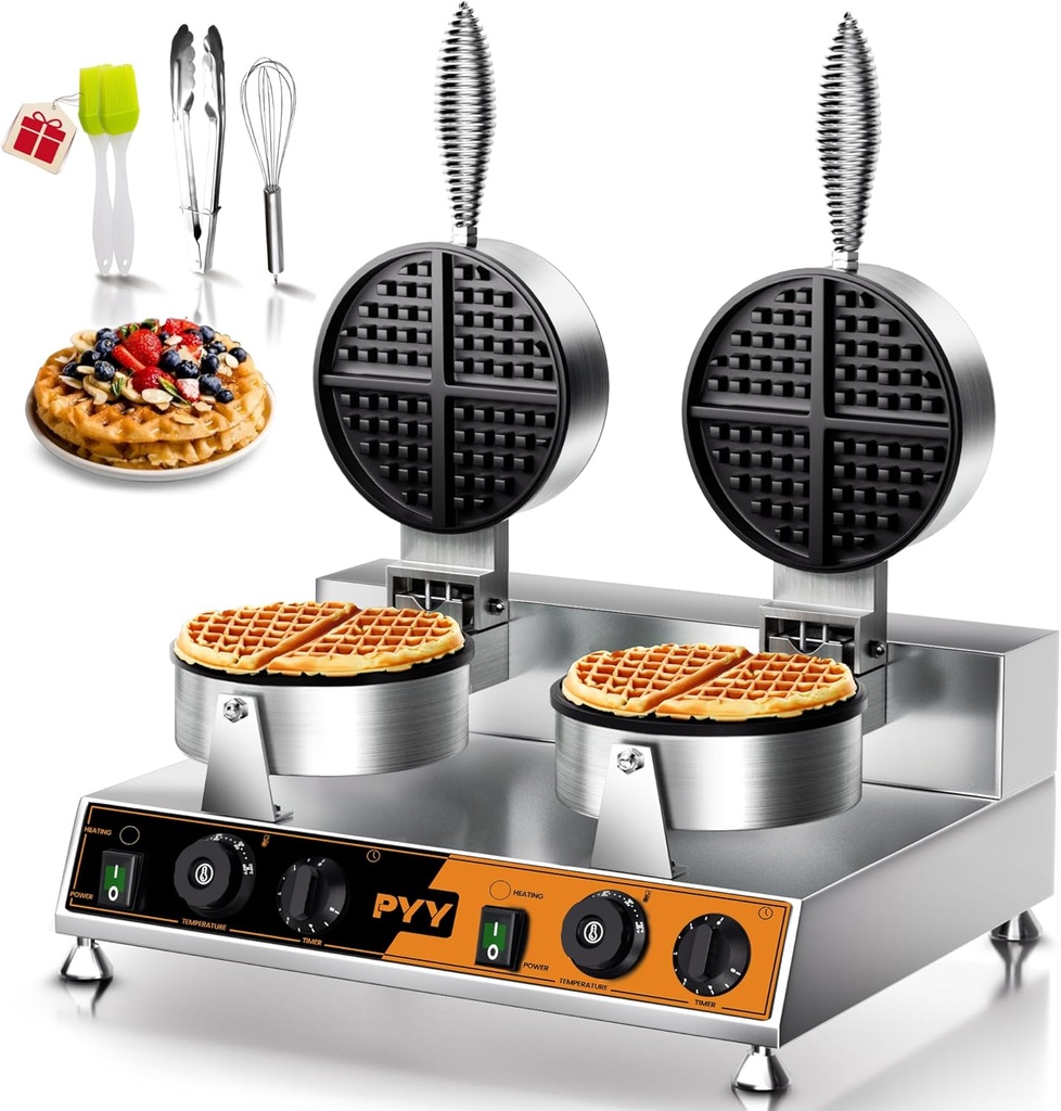 PYY Commercial Waffle Maker - Double Waffle Maker, Large, Stainless Steel, Non-stick Electric Chaffle Maker for Restaurant Party Food Stall