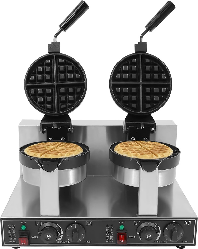 Commercial Waffle Maker, 2400W Double Head Round Waffle Baker Machine, Non-stick Stainless Steel Belgian Waffle Iron with Temp and Time Control, for Restaurants, Waffle Houses, and Carnival Events