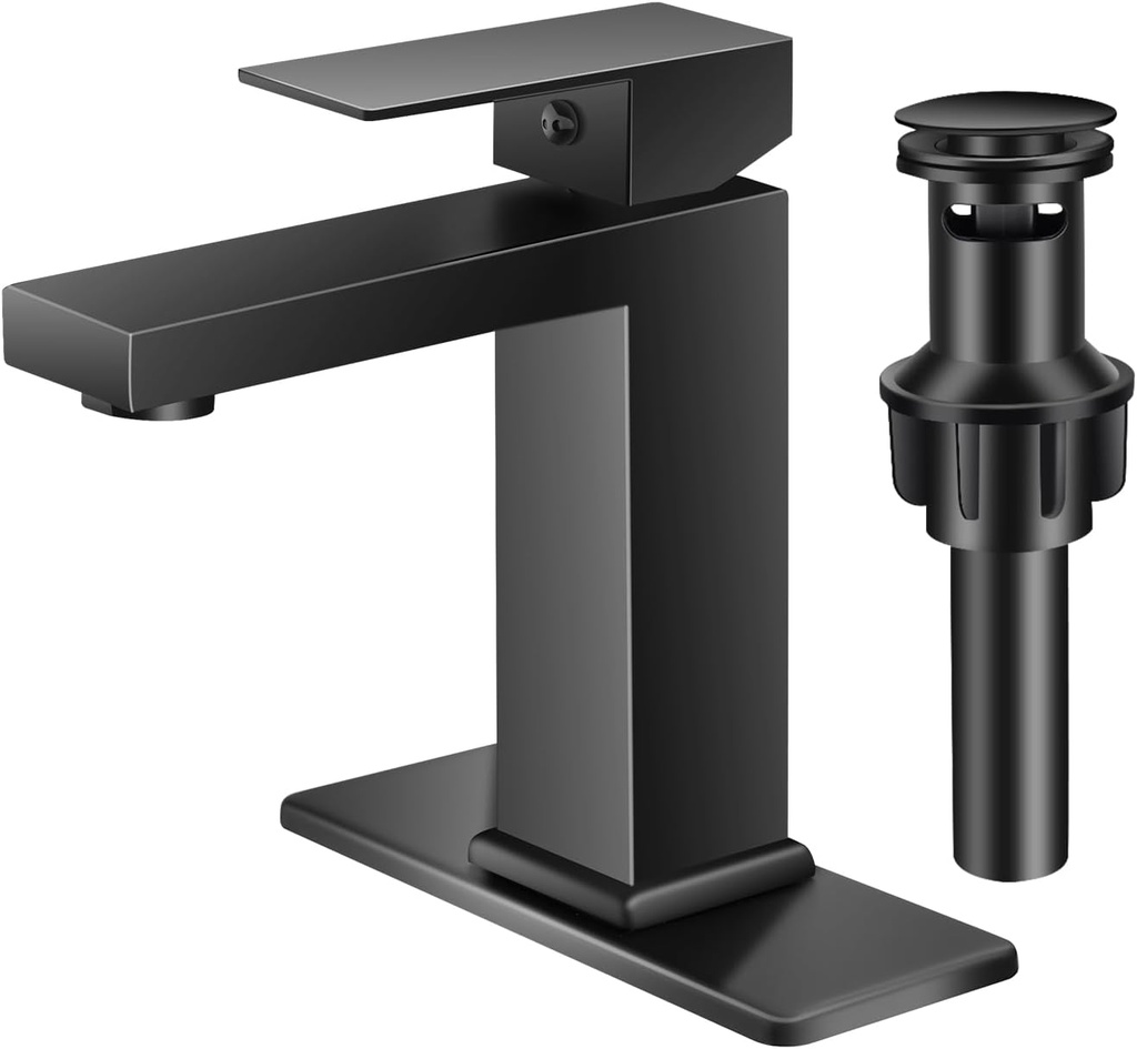 Black Bathroom Faucets PONAFOU Single Hole Bathroom Faucet Single Handle for Bathroom Sink Vanity RV (with Pop-up Drain and Deck) Suitable for 1 Hole or 3 Hole