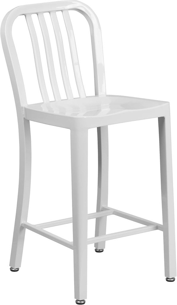 Flash Furniture Commercial Grade 24" High White Metal Indoor-Outdoor Counter Height Stool with Vertical Slat Back