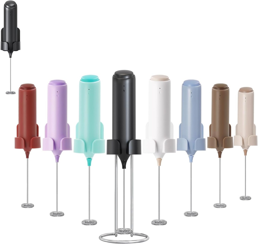 Rechargeable Coffee Frother by ELMWAY, Electric Milk Frother with Charging Stand & Wall Mount, Handheld Drink Mixer, Foam Maker for Coffee, Matcha - Black