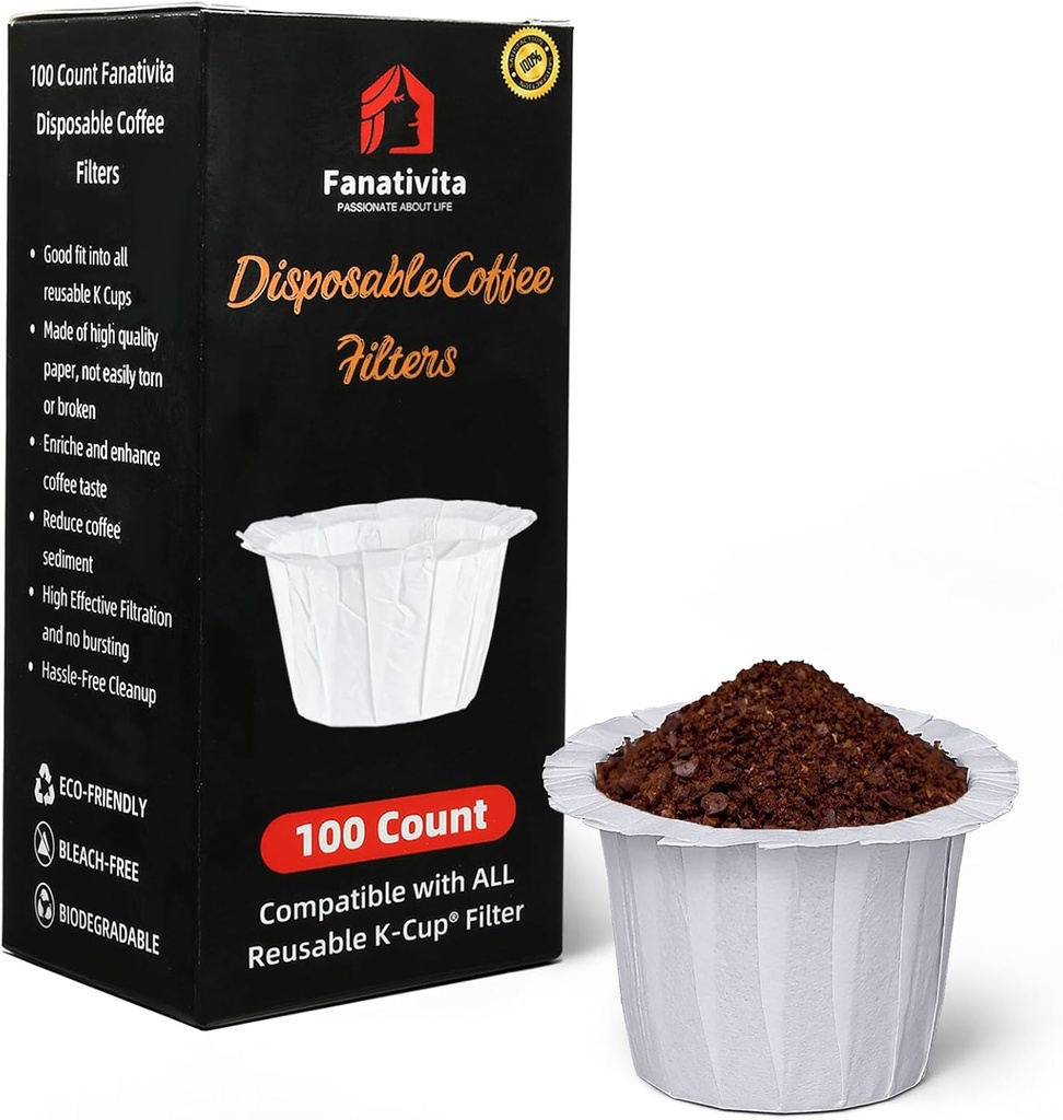 100 Count Fanativita K Cup Coffee Filters Disposable for Keurig Single Cup, Compatible with All Reusable K Cups (White)