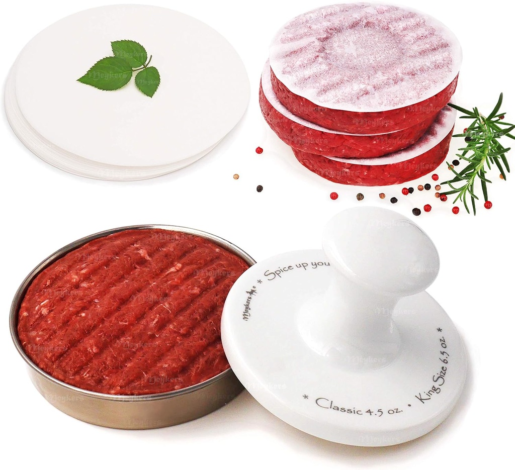 Meykers Burger Press 5" Hamburger Press Patty Maker | Patty Press Burger Mold Ring | with 100 Patty Papers | Porcelain Smasher Stainless Steel Shaper Smash for Meat Beyond Veggie Turkey Vegan Beef