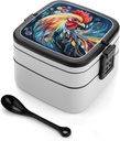 Art Colorful Chicken Bento Box Adult Lunch Box All-in-One Lunch Containers with Removable Compartments Double Layer Bento Lunch Box with Spoon And Handle Stackable Lunchbox