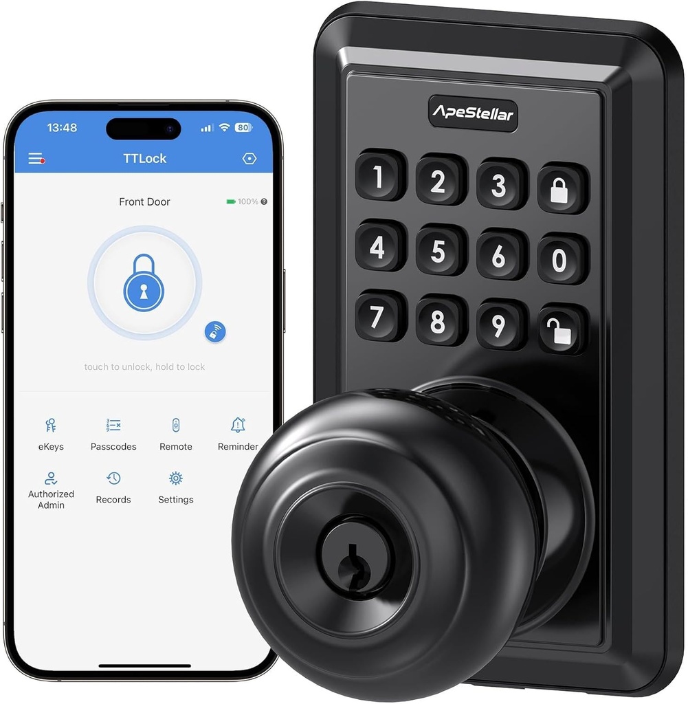 Wi-Fi Keyless Entry Door Lock with Knob - Smart Keypad Door Lock with Handle - Electronic Smart Knob for Front Door - APP Remote Control - No Hub Required - Auto Lock - Easy Installation-Matte Black