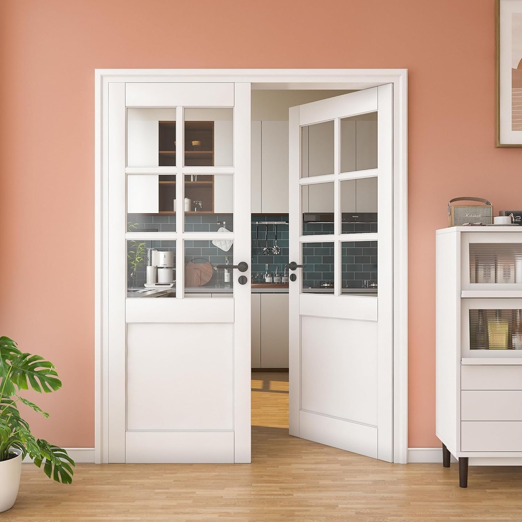 56" x 80" Clear Glass Slab Door, 6-Lite Glass French Interior Door, Pre-Assembled 1-Panel Solid Wood Barn, Pocket Doors for Living Room Pantry Laundry Closet White Pre-Finished Surface w/o Hardware