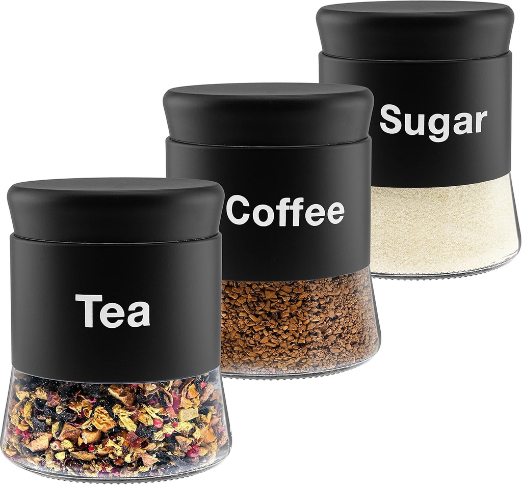 Sugar Tea Coffee Containers Set, Black Canisters for Kitchen, Stainless Steel with wording Sugar Tea Coffee Containers Set, Stainless Steel Home Décor Centerpiece Decorative Kitchen. 26OZ