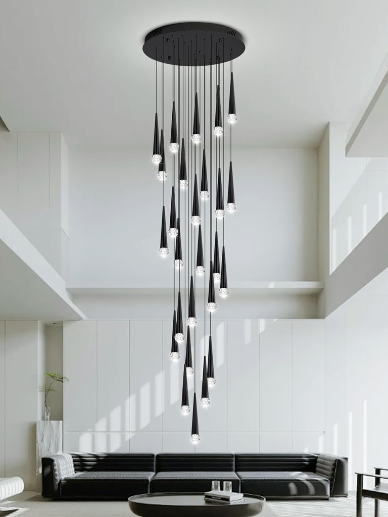 Flashing God H140 Inches Large Modern Chandelier LED Light Fixtures High Ceiling Drop Lights Black Chandelier for Entrance Foyer Dimmable Lights with Remote Living Room Ceiling Pendant Lighting