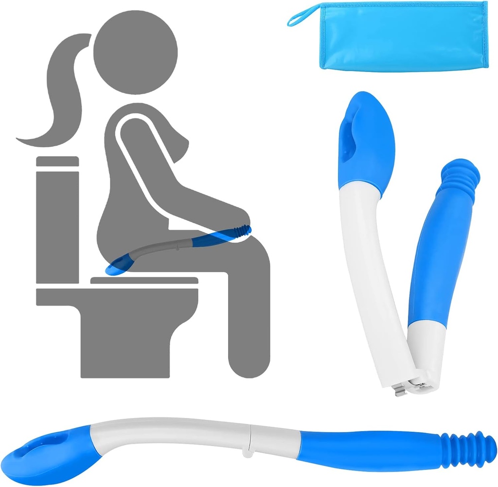 Foldable Toilet Aids for Wiping, Jhua 15.7" Long Reach Comfort Butt Wiper with PV Carrying Bag, Bottom Buddy Wiping Aid Tools, Toilet Paper Aids Tools Tissue Grip Self Wipe Assist Holder, Blue
