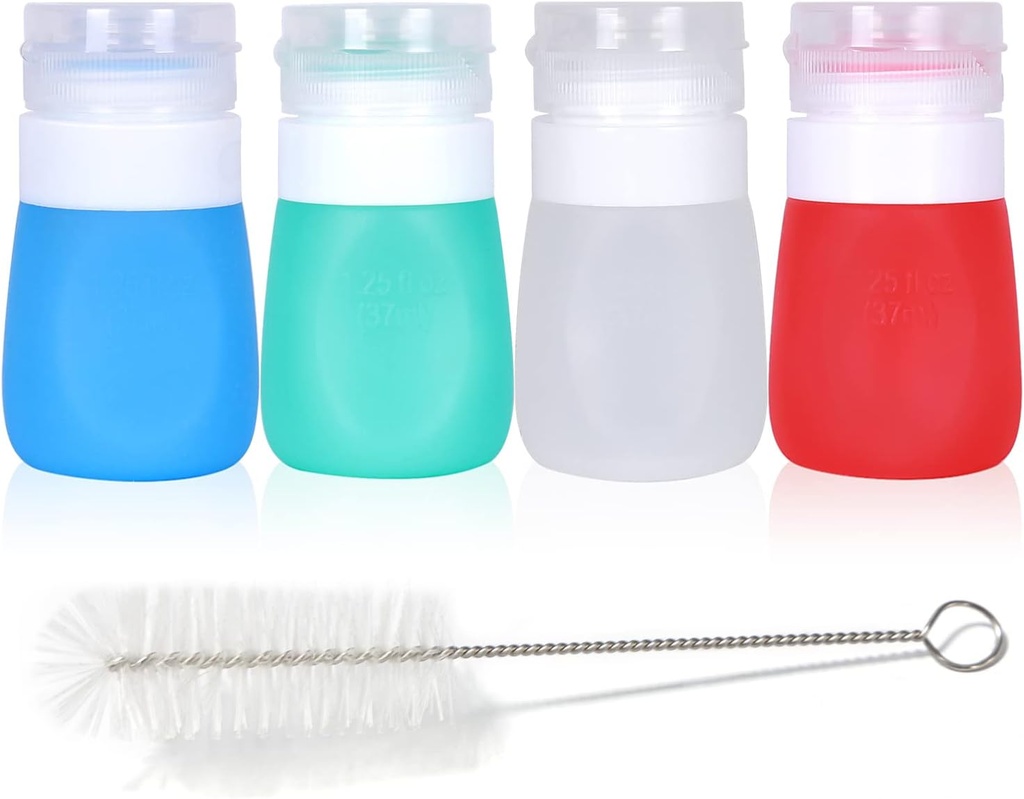 Salad Dressing to Go, Squeezy Silicone Portable Bottles for Ketchup/Sauces, Mini Food Storage Containers with Cleaning Brush, Leak Proof, Leak-Resistant, Set of 4 (1.3oz, 37ml)
