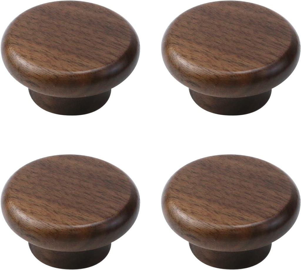 Wealrit 4 pcs Round Wood Cabinet Knobs with Screws,Black Walnut Drawer Knobs,Flat Top Cabinet Handles for Dresser Wardrobe Cupboard(Diameter:1.6 Inch)
