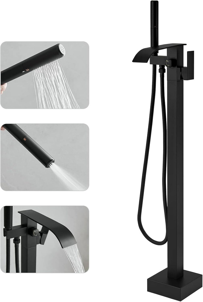 RUMOSE Tub Filler Freestanding Bathtub Faucet Matte Black Floor Mount Tub Faucet Waterfall Free Standing Bathtub Filler High Flow Brass Bath Shower Faucets with Handheld Sprayer