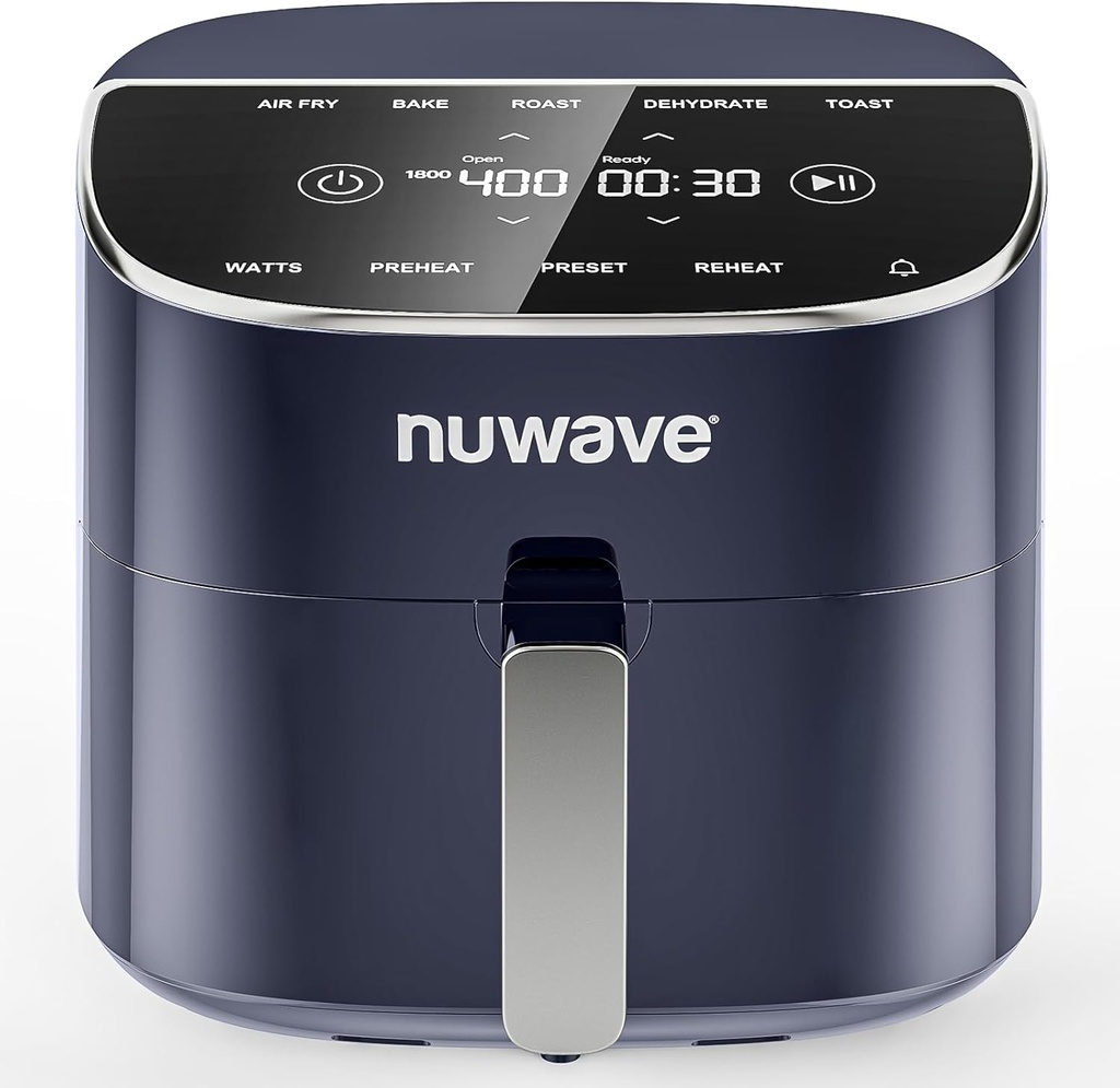 Nuwave Brio Plus 8 Qt Air Fryer, PFAS Free, New & Improved, Digital Touch Screen, Cool White Display, 50°F~400°F in Precise 5°, 5 Cook Functions, 100 Presets & 50 Memory, 3 Wattages 700, 1500, 1800