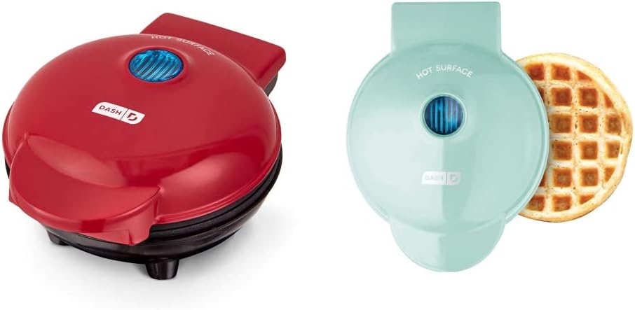 Dash Mini Maker Portable Grill Machine + Panini Press - Red & DMW001AQ Machine for Individual, Paninis, Hash Browns, & other Mini waffle maker, 4 inch, Aqua