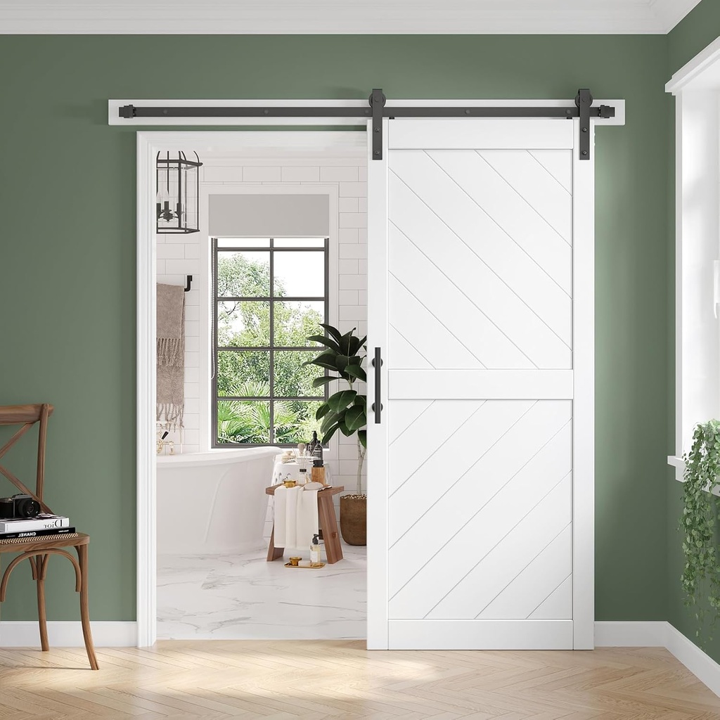 36in x 84in Sliding Barn Door with 6.6FT Barn Door Hardware kit & Handle Included, Solid MDF Wood Slab Covered with Water-Proof & Scratch-Resistant PVC Surface,Simple DIY Assembly,Chevron Pattern