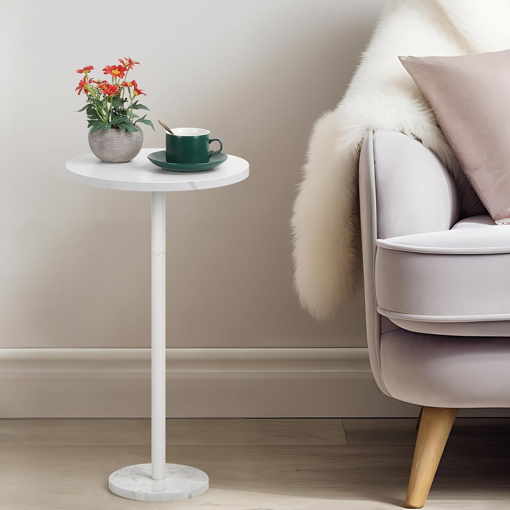 OYEAL Drink Side Table Outdoor Small Round Pedestal Table with Marble Base White Cocktail Coffee Table for Patio Sofa Couch Chair, White, 12.6" L x 12.6" W x 24.6" H