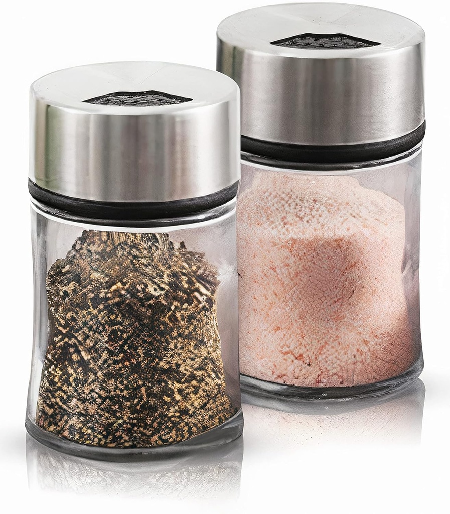 Premium Salt and Pepper Shakers with Adjustable Pour Holes - Set of 2 - Elegant Stainless Steel and Glass - Perfect Spice Dispenser Set for Your Delicious Meals