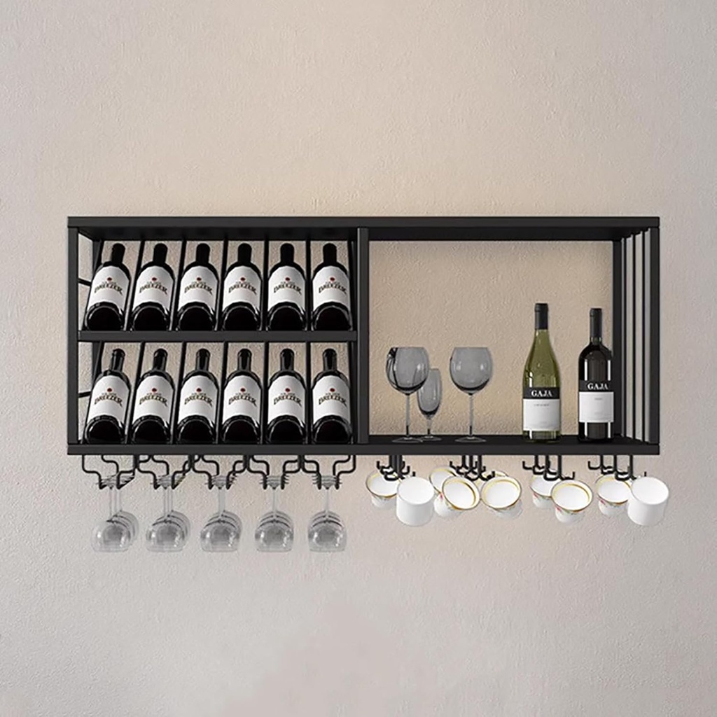 Iron Wine Rack Wall Mounted,Wine Storage Holder,Metal Bar Liquor Shelf and Wine Glass Holder,Floating Wall Shelves Wine Display Racks for Wine Cellar,Dining Room,Kitchen,Cafe,Black(Size:120*