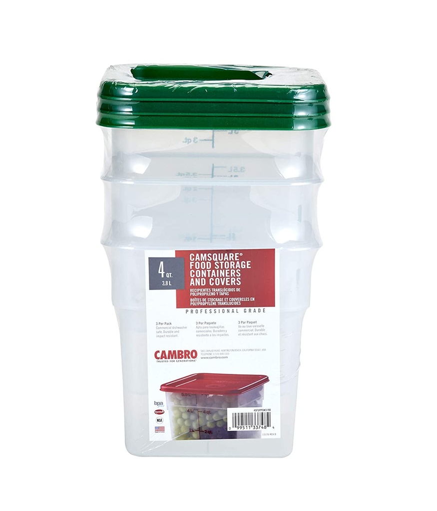 Cambro 4SFSPPSW3190 Set of 3 Square Food Storage Containers with Lids, 4 Quart Case of 13