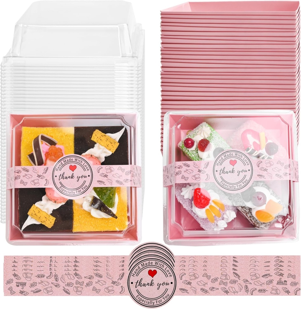 Paper Charcuterie Boxes with Clear Lids and Stickers - 50 SETS 4 Inches Square Disposable Food Containers Bakery Boxes for Bakery, Macaron, Sandwich, Slice Cake, Cookies, Hot Cocoa Bombs, Strawberries (Pink)