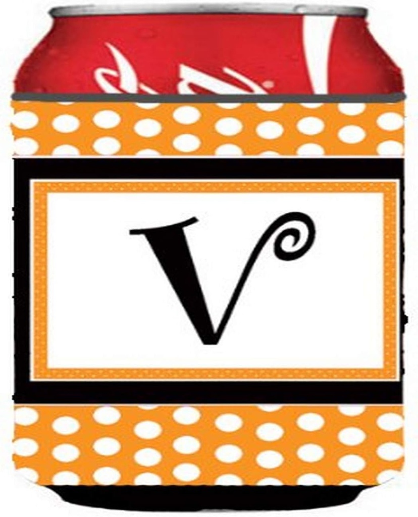 Caroline's Treasures CJ1033-VCC Letter V Initial Monogram - Orange Polkadots Can or Bottle Hugger Cooler Washable Drink Sleeve Collapsible Beverage Insulated Holder, Can Hugger, Multicolor