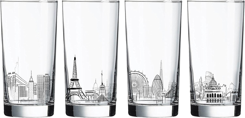 Luminarc 4 Piece Skylines 15.25 oz Assorted Decorated Coolers, Clear