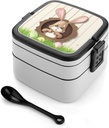 Bento Box Stackable Lunch Box with 2 Compartments Leak-Proof Food Storage Containers Easter Bunny Wooden Hole Bento Lunch Box for Adults Lunch Containers with Utensil Set, Black