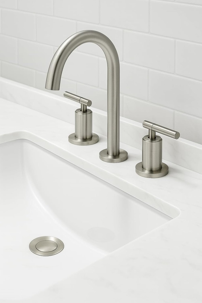 Two Handles 360° Swivel Spout Widespread 4Inch 8Inch Brass Bathroom Sink Faucet 3 Hole with Pop-Up Drain and Water Supply Lines, Upgraded Style， Brushed Nickel