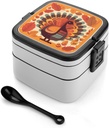 Turkey in Front of Leaves Bento Box with Spoon, 2-layer Stackable Lunch Box Leak Proof with Invisible Handle, Insulated Food Storage for Office, Picnic & Travel