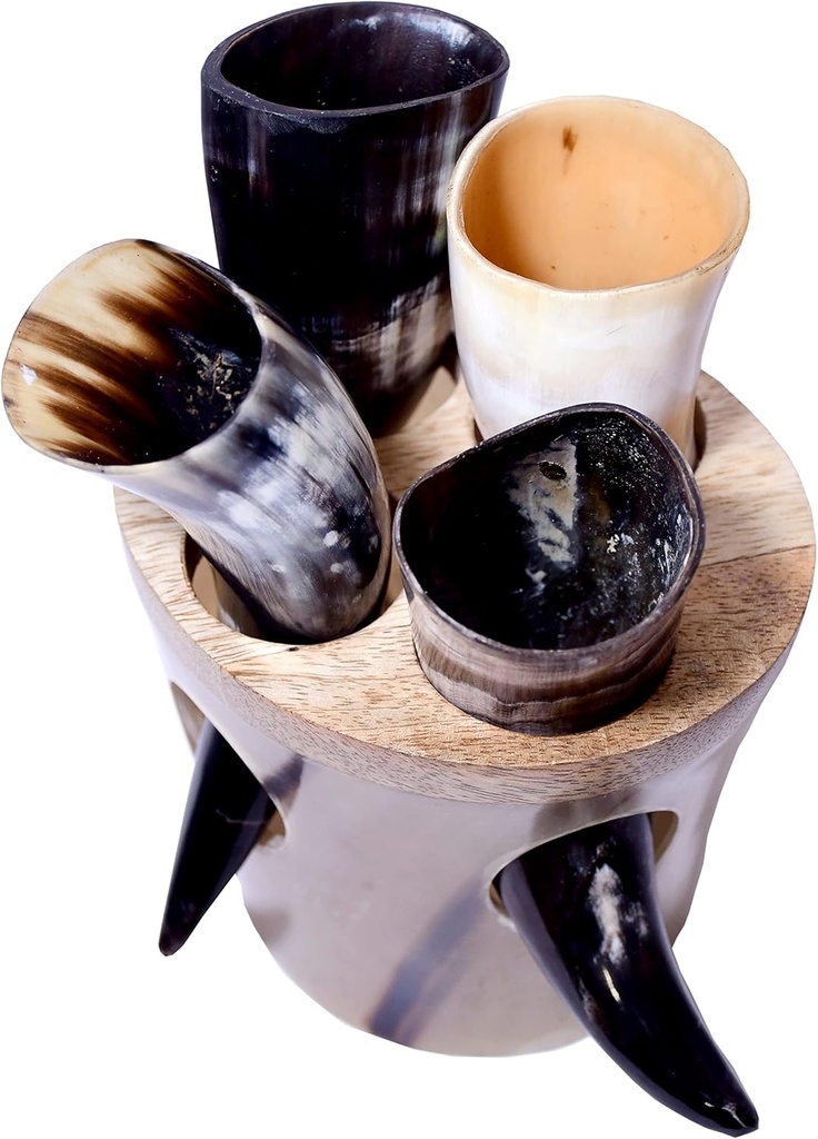 Vintage Handmade Ceremonial Viking Mead Drinking Horn Set Of 4 Ale Sip Mead Ancient With Stand - Navirock