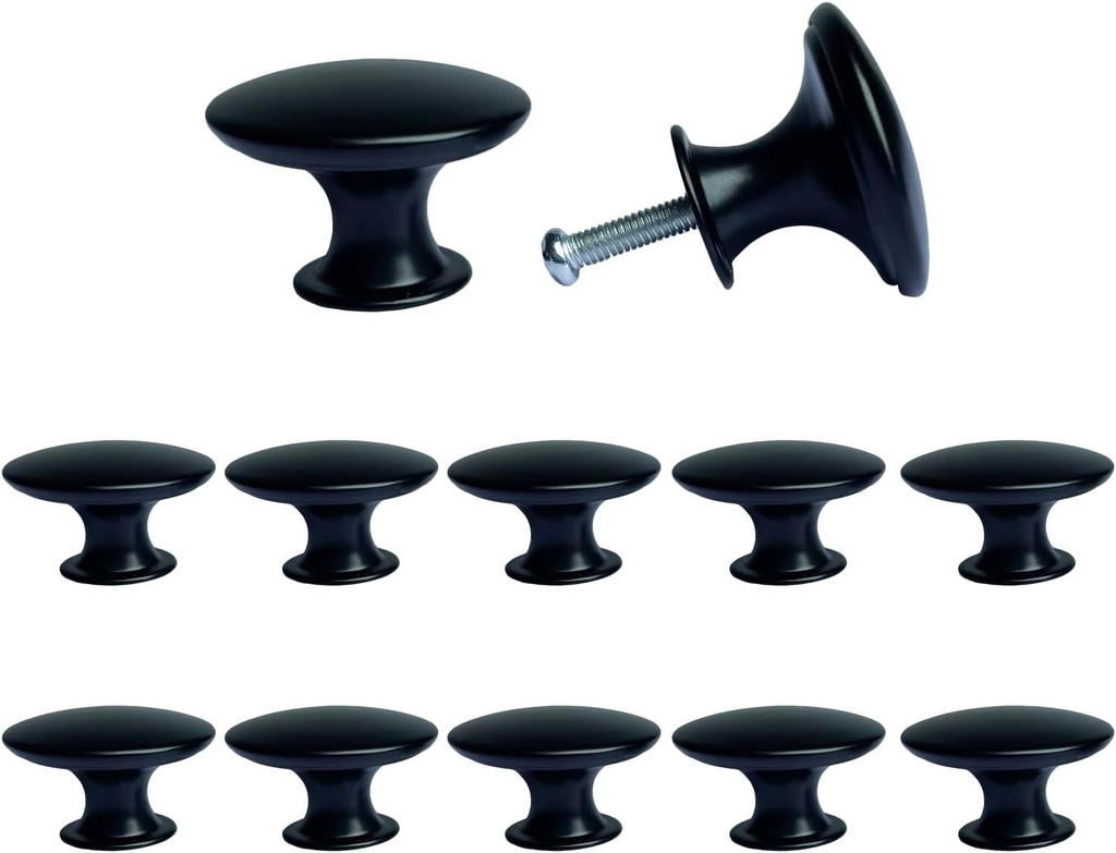 Black Knobs for Chest of Drawers, 12 Pack Vintage Kitchen Cabinet Pulls Round Metal Cupboard Door Handles with Screws for Furniture Dresser Wardrobe, 30x21mm