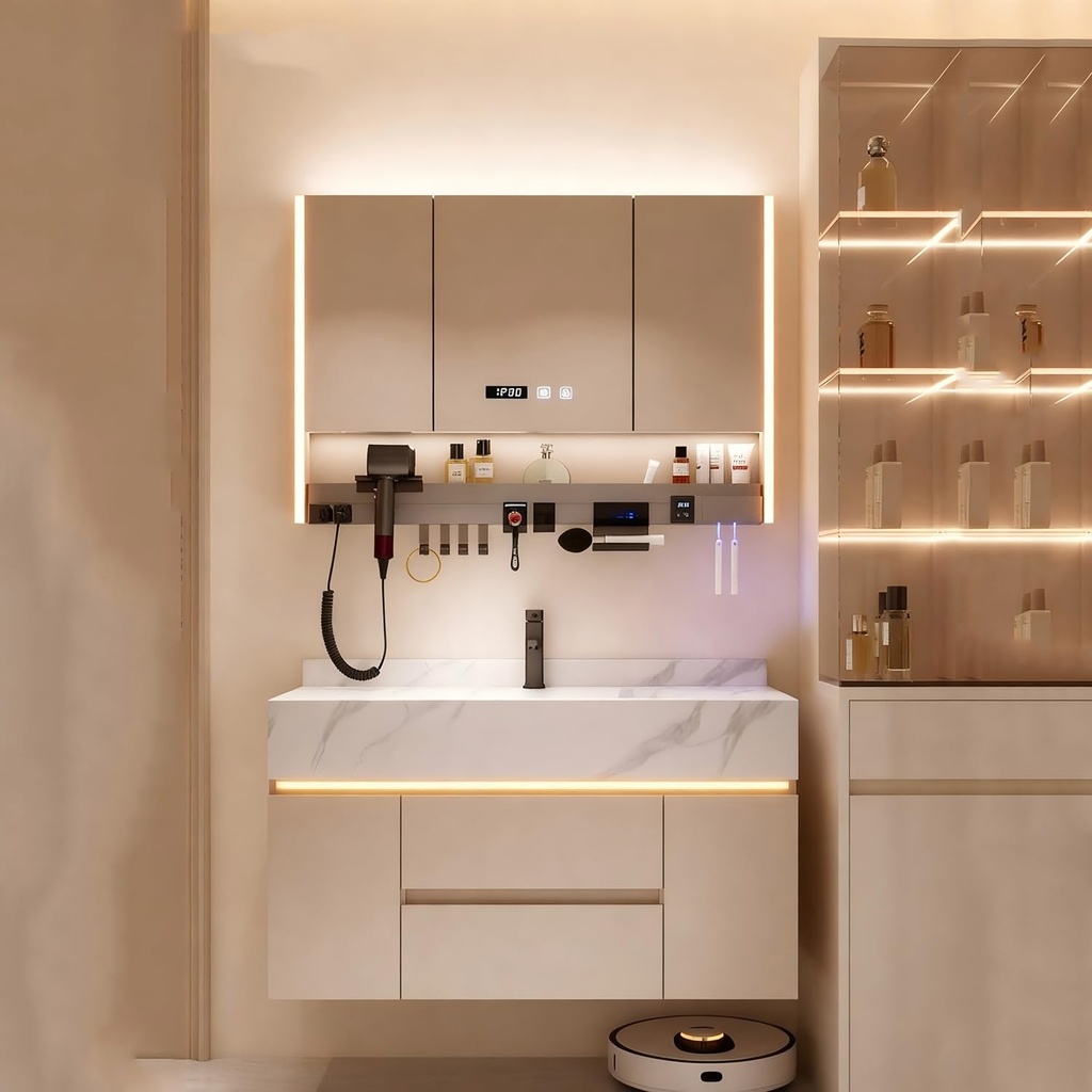 Floating Bathroom Vanity with Sink - with Smart LED Mirror Slate Countertop and Ceramic Single Sink, Modern Bathroom Cabinet with Storage and Soft-Close Drawers,Khaki/35.4 inches