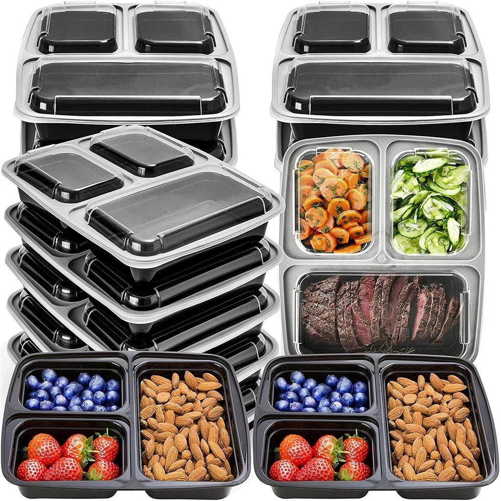 MORDEN MS Meal Prep Container With Lids, 50 Pack 3 Compartment Reusable Food Storage Container Divided Plastic Bento Box Lunch Box To-go Boxes(33oz)