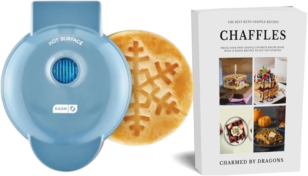 Dash MINI Waffle Iron 4" SNOWFLAKE With The Best Keto Chaffle Recipe Book and Journal by Charmed By Dragons (4 Inch MINI BLUE SNOWFLAKE)