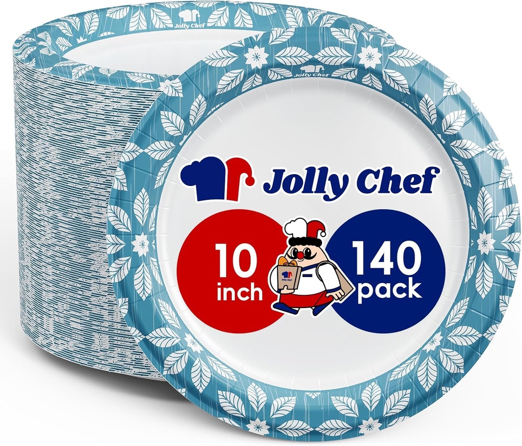 JOLLY CHEF 10 inch 140 Pack Disposable Paper Plates Heavy Duty Printed Paper Plates for Everyday Use, Soak Proof, Cut Proof