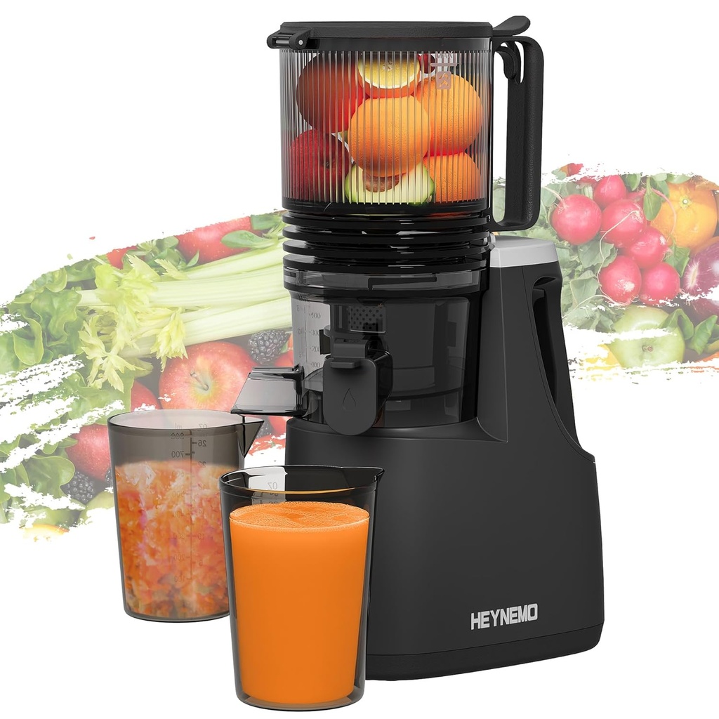 Heynemo Cold Press Juicer Machines with 5.9" Wide Chute, 250W Slow Masticating Juicer with Dual-Layer Filter, Easy to Clean, High Juice Yield Juicer for Whole Fruits & Vegetables, Black