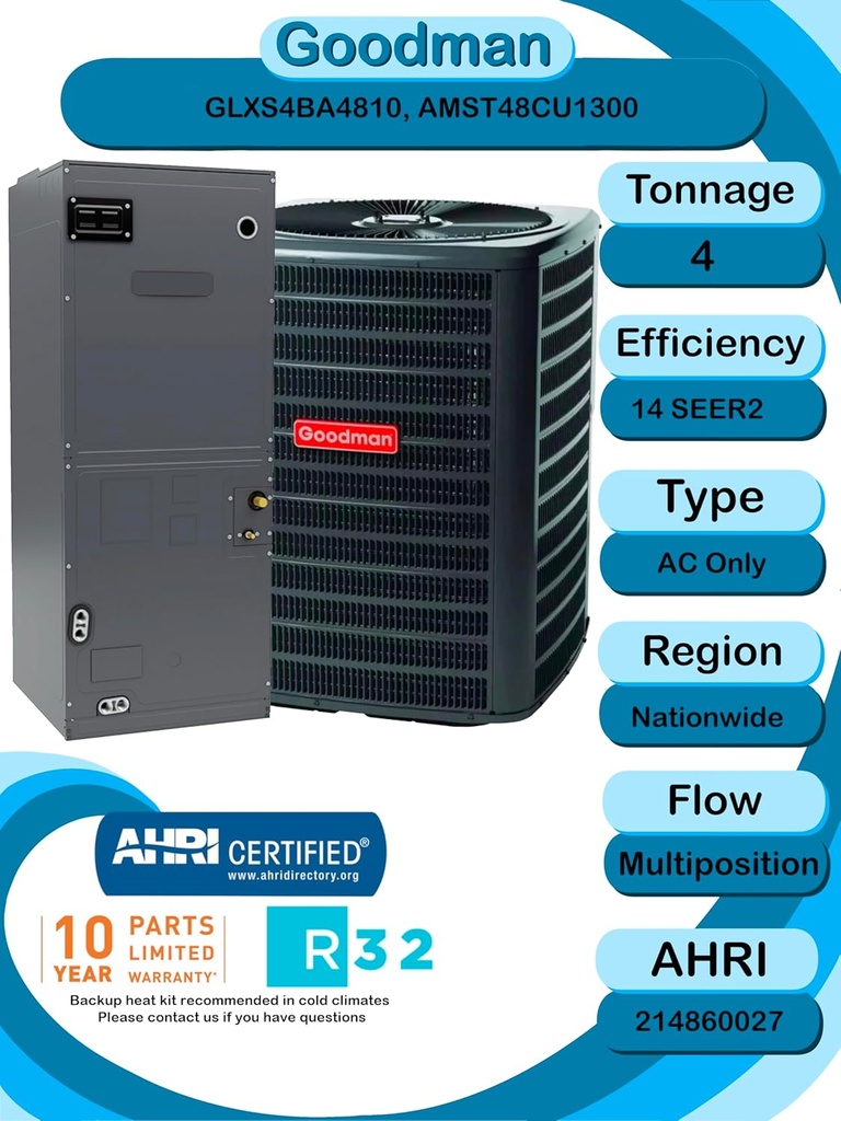 Goodman 4 TON 14 SEER2 Multi-Position R-32 AC Only System with air handler (GLXS4BA4810 condenser and AMST48CU1300 air handler)