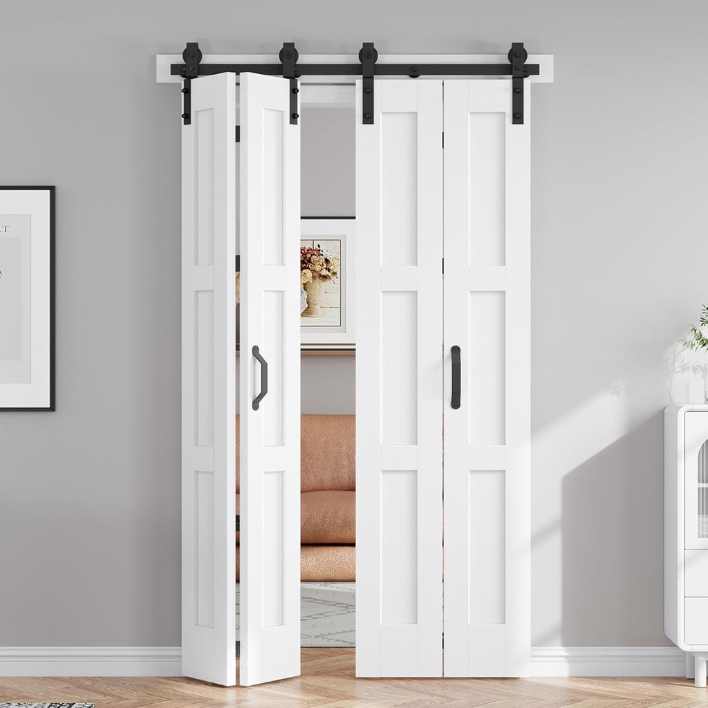 FREDBECK 48in X 84in (for 4 Doors 12x84) White Bi fold Barn Door Bifold Doors with 52" Hardware Track Kit Included,Solid MDF with Water-Proof PVC Surface for Closet,Assembly Required