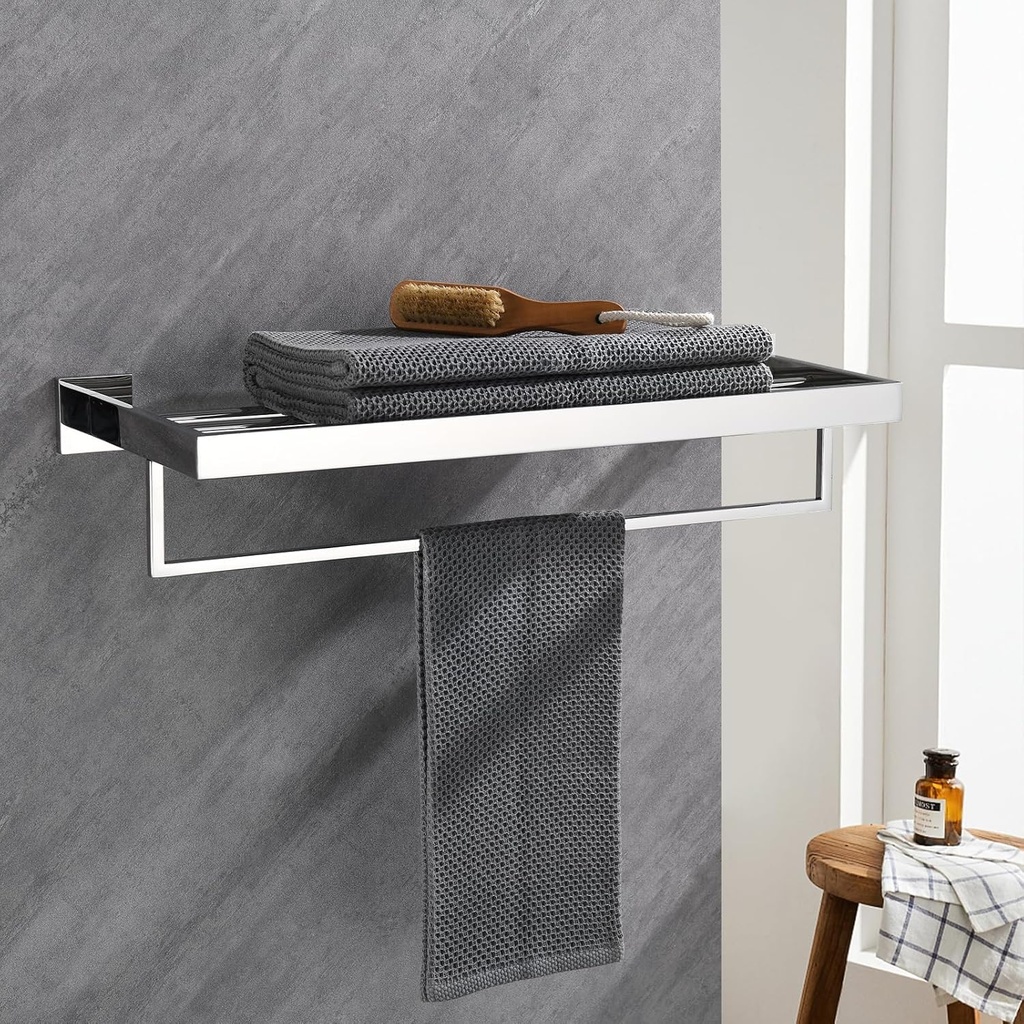 Polished Nickel Chromium Color Towel Rack 24'' Bath Towel Shelf with Towel Bars SUS304 Matte Black Stainless Steel Wall Mounted，Modern Bathroom Storage Shelf
