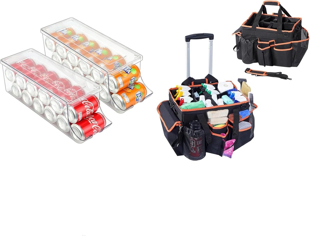 Puricon 2 Pack Soda Can Organizer Dispenser for Refrigerator Bundle with Cleaning Caddy with Wheels