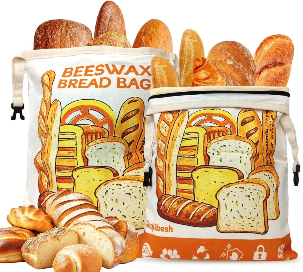Reusable Beeswax Bread Bags,2 Pack XL Sourdough Bags with Premium Zipper & Buckle for Storing Bread, Toast, Loaf, Fruit etc.Freezer Safe Food Storage Cotton Bag with Beeswax Lining Locks in Freshness
