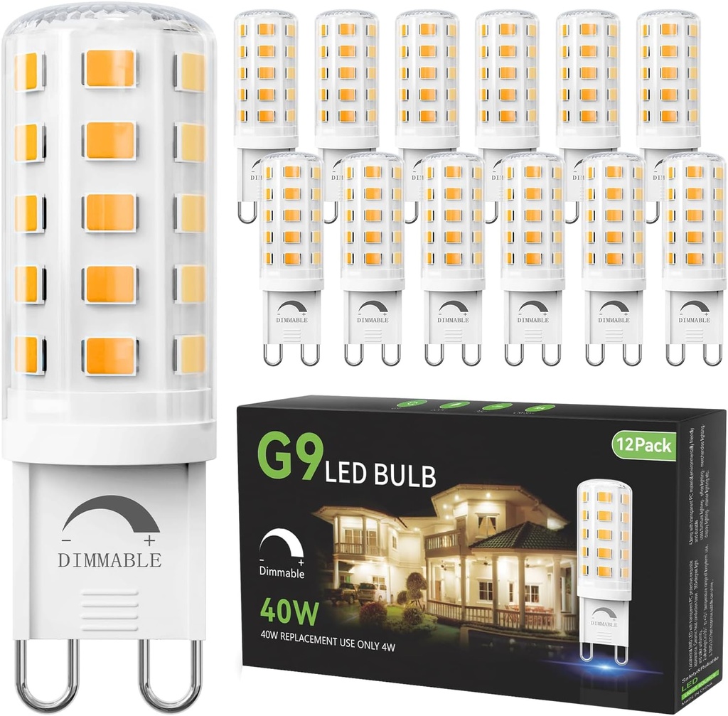 TJOY 12 Pack Dimmable G9 LED Bulb 4W Equivalent 40 Watt, 3000K Soft Warm White, T4 G9 Bi-pin Base Halogen Replacement, G 9 Socket Light Bulb for Chandelier Wall Sconce, 120V No Flicker, 450LM