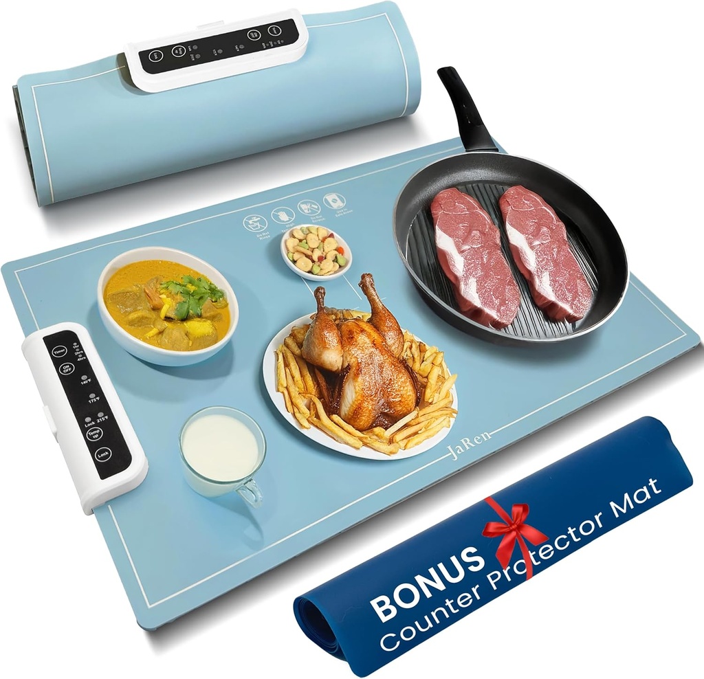Warming Mat for Food – Food Warming Mat with 3 Temperature Controls, Locking Feature & Timer | Perfect for Parties, Gatherings, Daily Use | Bonus Counter Protector Pad Included