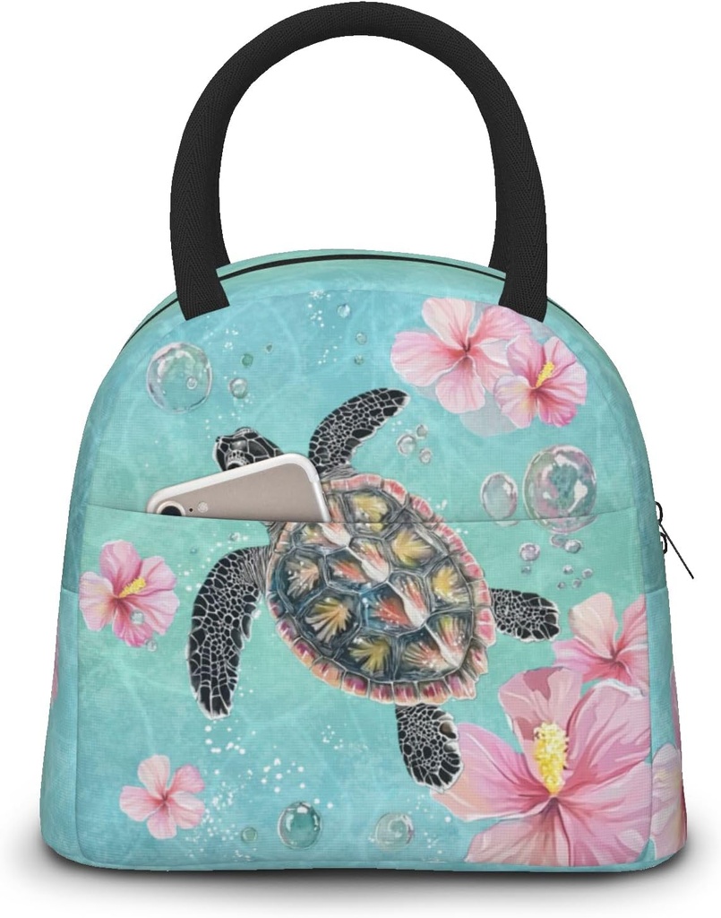 Sea Turtle Lunch Box for Woman Ocean Animal Reusable Lunch Box Tote Bag with Front Pocket Leakproof Insulated Cooler Organizer for Work Picnic Beach Hiking Road Trip Turtle Lover Gifts